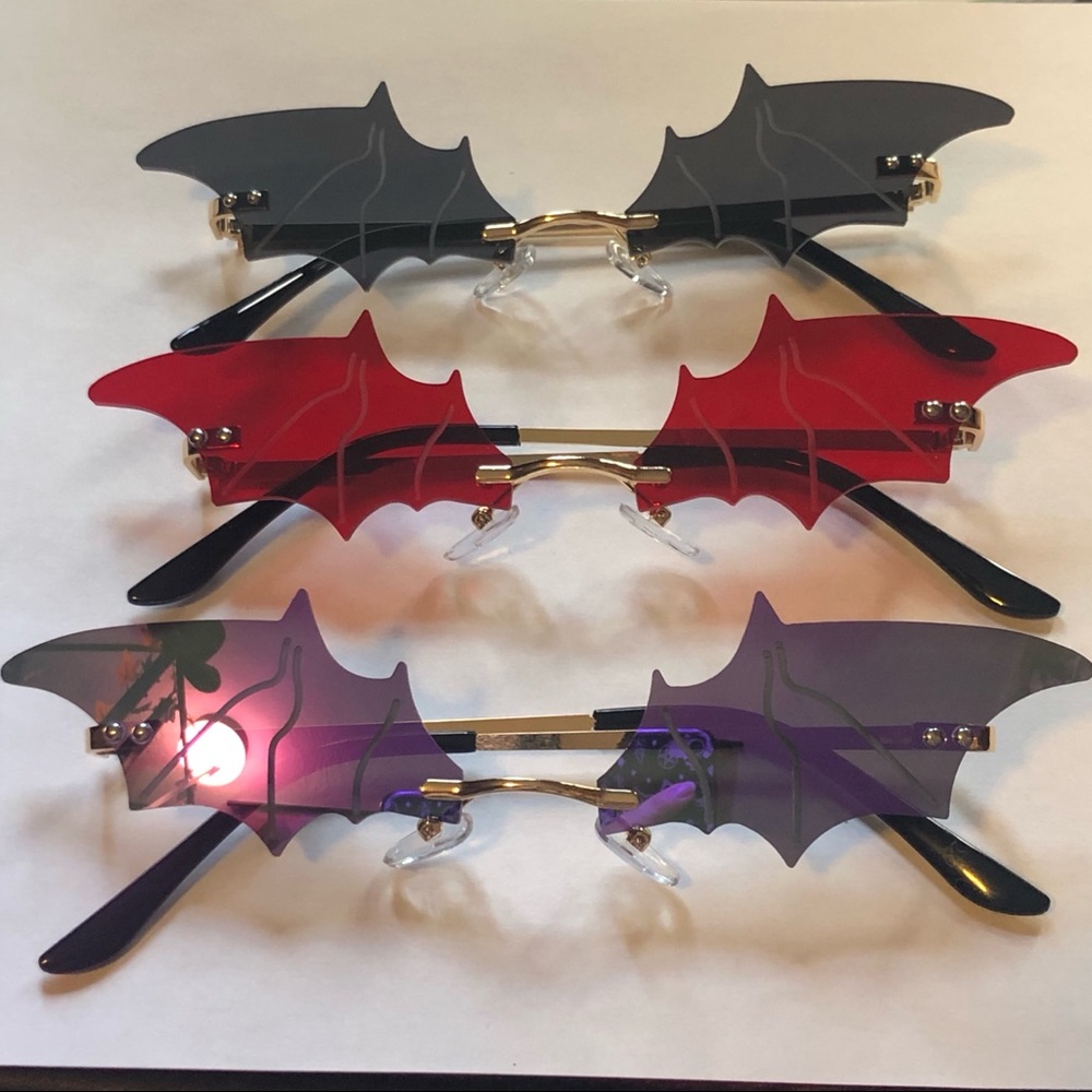 Goth bat sunglasses black, red or purple